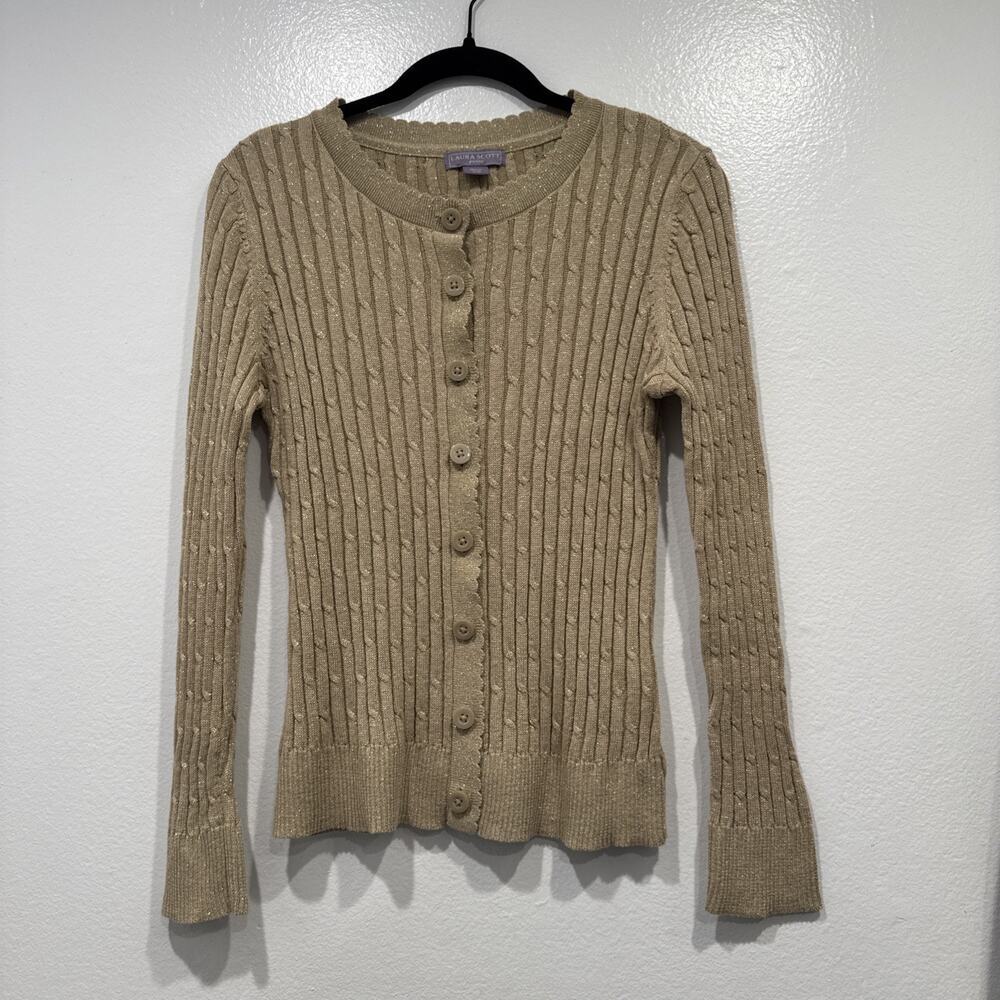 Laura Scott Gold Metallic Cardigan Button Front Womens Petite Size MP Cable Knit
